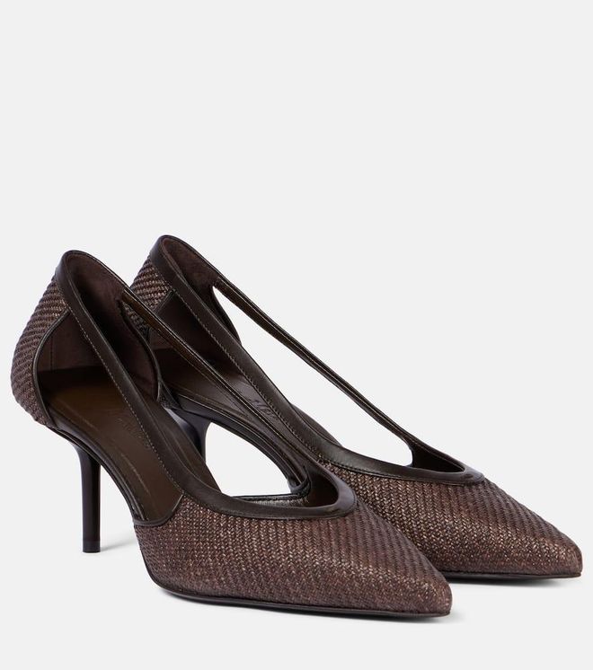 Straw leather-trimmed raffia-effect pumps