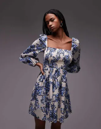 & Other Stories square neck mini dress with shirred bodice in blue floral print