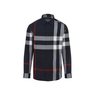 Burberry Navy Point Collar Checked Shirt