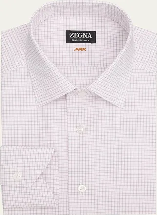 Ermenegildo Zegna Mens Grid Check Centoventimila Cotton and Linen Dress Shirt