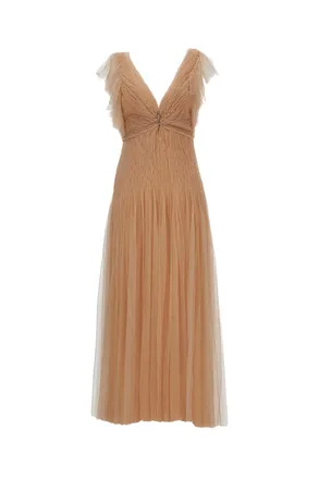Elisabetta Franchi Nude Tulle Long Evening Dress