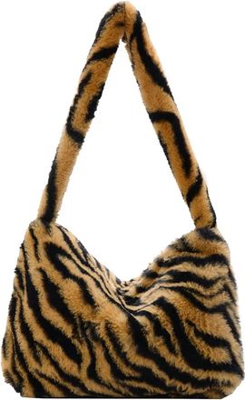 Generic Womens Plush Bags Women Plush Flower Pattern Shoulder Bags Elegant Female Underarm Fur Handbag Furry Fluffy Tote Design(Brown C)