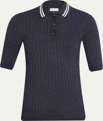Brunello Cucinelli Shimmering Cashmere Rib Short-Sleeve Polo Sweater