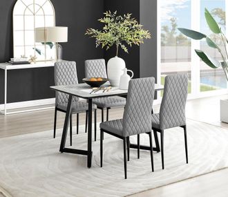 Furniturebox Carson White Marble Effect Dining Table & 4 Milan Black Leg Chairs in Grey