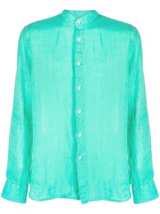120% Lino Overhemd met ronde opstaande kraag - Groen