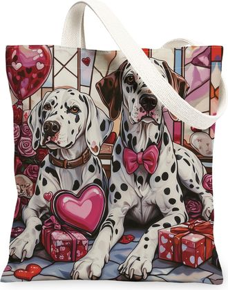 Generic Valentines Day Golden Doodle Dog Canvas Tote Bag for Shopping 13x15, Stained Glass Puppy Reusable Grocery Print Bag for Women, Couple Beach Aesthetic 