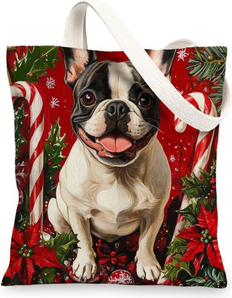 Generic Christmas French Bulldog Dog Canvas Tote Bag for Shopping 13x15, Xmas Candy Poinsettia Puppy Reusable Grocery Print Bag for Women, Holiday Pet Beach A