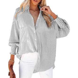 Generic Enjoyaitlife Striped Shirt, Mid-Length Smocked Shirt with Striped Lapel, Puff Sleeve Oversized Blouses for Women (Gray,Large)