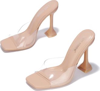Cape Robbin Lithe Nude Sexy High Spool Heel Open Squared Toe Slip On Pumps, Nude, 9 UK
