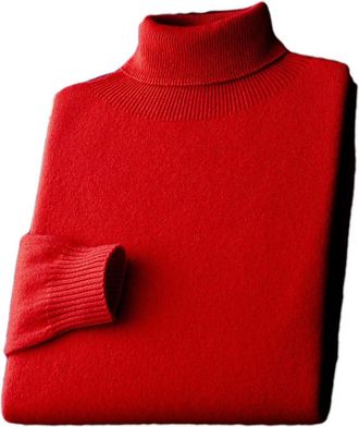 Generic Mens Solid Merino Wool Turtleneck Pullover Jumpers Thick Warm Jumpers Soft Casual Knitwear Basic Tops New Year Red S