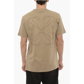Off-white Mens Slim Fit Crew-Neck T-Shirt With Embroidered Logo Beige