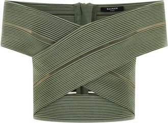 Balmain Green Off-the-shoulder Crop Top