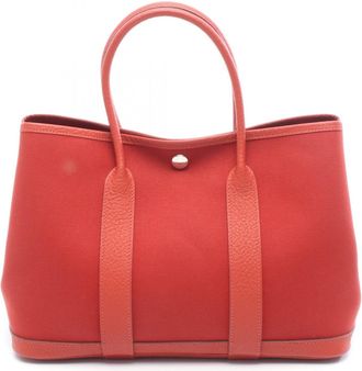 Herm&egrave;s Red Color Canvas Leather Tote Bag (Pre-Owned)