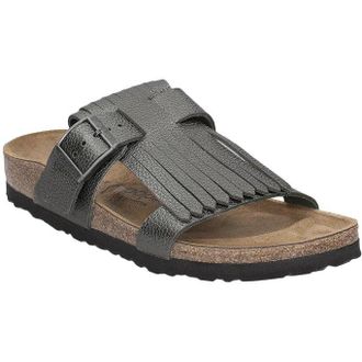 Papillio Maddie Fringe Metallic Leather Unisex Slides Sandals - Anthracite - Size:UK 5.5
