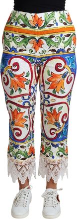 Dolce & Gabbana Womens Majolica Print Trousers - White Cotton - Size EU 36 (Womens)