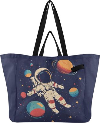 Generic Astronaut Planet Blue pattern Reusable Canvas Tote Bag, Heavy Duty Grocery Shopping Bag with Hard Bottom Double Handles Large Capacity Work Groceries 