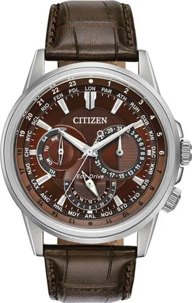 Citizen Calendrier Leather Strap Watch, 44mm in Brown at Nordstrom
