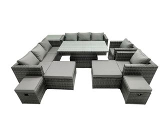 Fimous Rattan Dining Table Sofa Set with Side Table 4 Stools Outdoor 12 Seat in Dark Grey