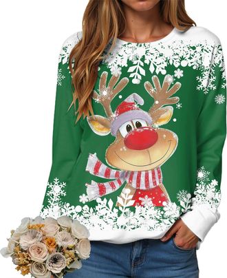 Generic Christmas Sweatshirt Ladies UK Xmas Funny Tree and Snowflake Printed Top Merry Christmas Jumpers for Women Crewneck Long Sleeve Loose Fit Reindeer Xma