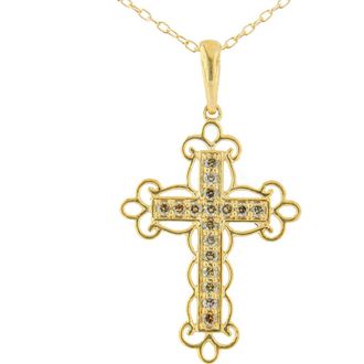 House of Brilliance 10K Yellow Flashed Silver 1/4 Cttw Champagne Diamond Filigree Cross Pendant Necklace at Nordstrom
