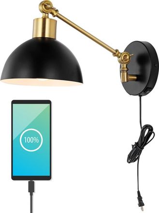 Jonathan Y Designs Lisa Swing Arm 1-Light Modern Midcentury Iron USB Charging Port LED Sconce in Black at Nordstrom