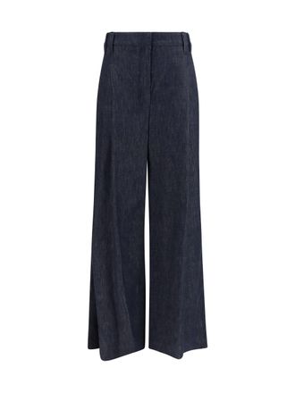 Brunello Cucinelli Womens Wide Leg Denim Effect Twill Trousers Blue Cotton Jean