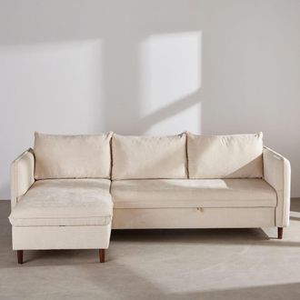 Maisons du monde Sof&aacute; cheslong cama de 3/4 plazas aterciopelado beige con colch&oacute;n de 17 cm