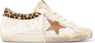 Golden Goose Distressed White Low-Top Sneakers with Leopard Print Collar
