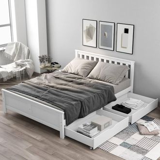Merax Solid White Pine 4ft6 Double Storage Bed Frame with Drawers 190x135cm