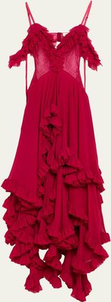 Alexander McQueen Lace-Inset Tiered Ruffle Chiffon Evening Dress
