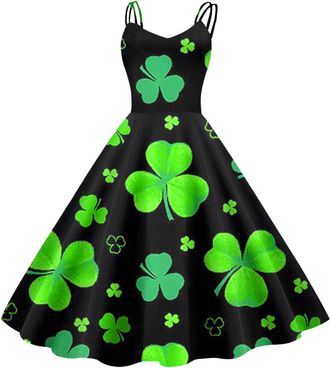 Generic Womens St. Patricks Day Fancy Dress Leprechaun Costumes Round Neck Sleeveless St Paddys Vest Dresses Paddys Printed Shamrock Dresses Saint Patricks Da