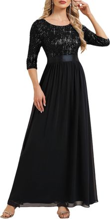Ever-pretty Womens Sequin Evening Dresses 3/4 Sleeves A Line Chiffon Cocktail Party Long Dress Black 16