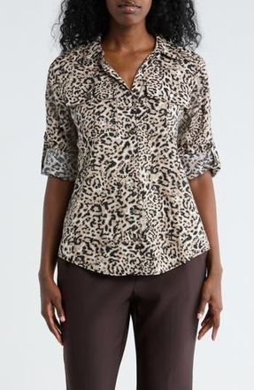 DKNY Abstract Print Roll Sleeve Button-Up Shirt in Black/Taupe Multi at Nordstrom Rack, Size X-Small