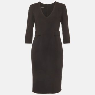 Emporio Armani Black Stretch Crepe V Neck Sheath Midi Dress