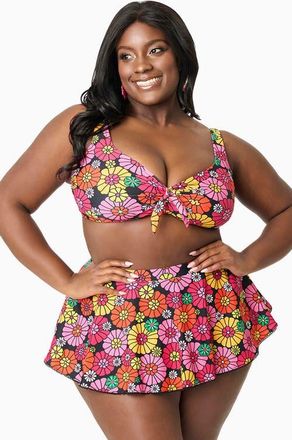 Unique Vintage Plus Size Molded Cup & Bow Swim Top in Black Floral at Nordstrom, Size 1 X
