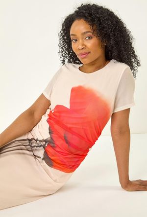 Roman Tulip Motif Mesh Midi Dress