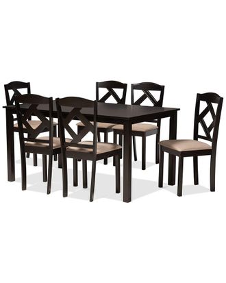 Design Studios Ruth Sand Fabric Upholstered & Dark Brown Finished Wood 7-Piece Dining Set
