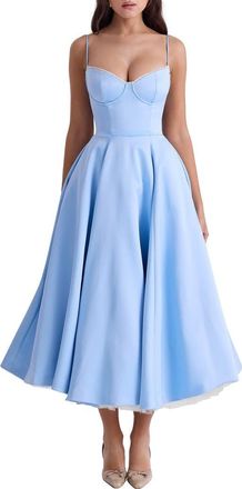 House of CB Mademoiselle Bustier Stretch Satin Midi Dress in Cinderella Blue at Nordstrom, Size X-Small D