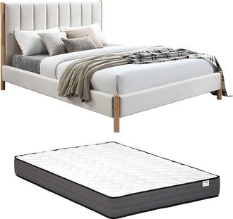 Vente-Unique Cama 160 x 200 cm con cabecero acolchado con costuras verticales - Terciopelo - Marfil + Colch&oacute;n - SIZAMA