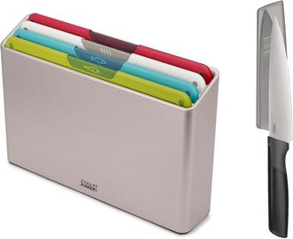 Joseph Joseph Set de Taglieri de Joseph Joseph Folio Icon, 4 pezzi, codificati per colore, antiscivolo, con custodia de Storage e Elevate Chefs Knife de 6.5