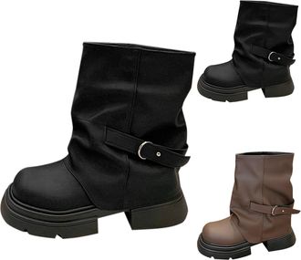 Generic Womens Ankle Boots Ladies Leather Boots Fall Winter Fashion Trendy Versatile Mid Calf Boot Wide Fit Retro Round Toe Chunky Heel Short Tube Flat Boot C