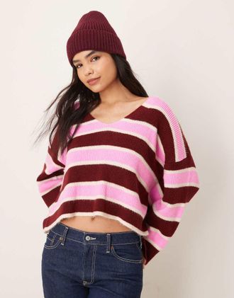 Miss Selfridge burgundy stripe v neck sweater-Multi
