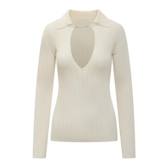 Elisabetta Franchi V-neck Knitwear, female, Beige, Size: XS Ribbed Knit Top with Openwork Details