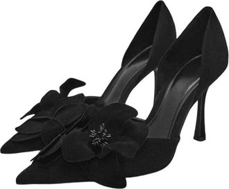 Generic Women Suede High Heel Pumps Pointed Toe Floral Detail Party Holiday Dress Shoes Black