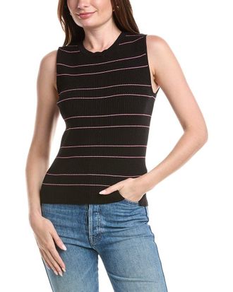 T Tahari Sleeveless Crewneck Striped Rib Pullover