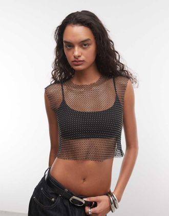 AllSaints Calytric top in rete con strass nero
