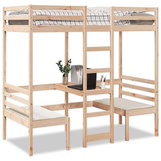Berkfield Home Loft Bed Frame with Desk & Chairs 75x190cm Solid Wood Pine in Brown | Size: 75x190 cm