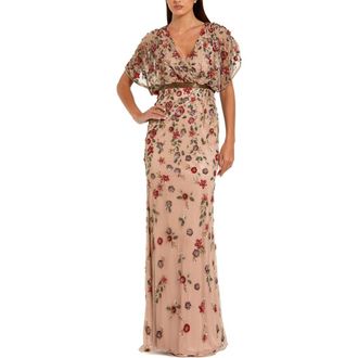 Mac Duggal Floral Embellished Short Sleeve Blouson Gown in Antique Rose at Nordstrom, Size 16