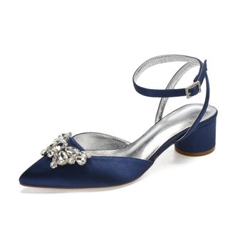 Generic Heels Wedding Shoes Pointed Toe Slingback Bridal Low Block Heels Comfortable Prom Evening Formal Party Shoes 4.5Cm,Dark Blue,4 UK