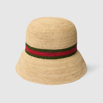 Gucci Woven Fabric Hat With Web, Green, Straw